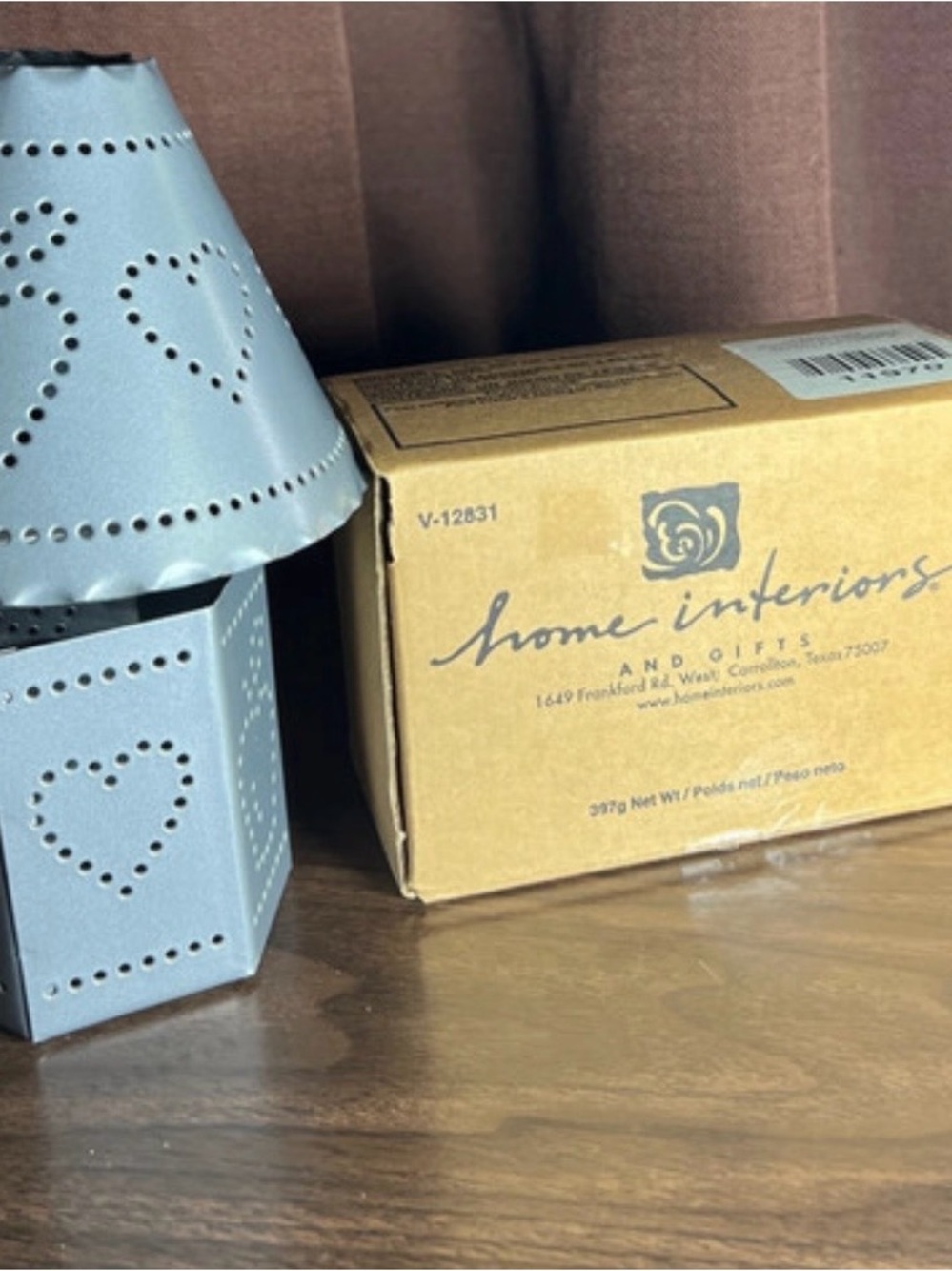 Home Interiors Light Blue Heart Pierced Metal Lantern and Two candles